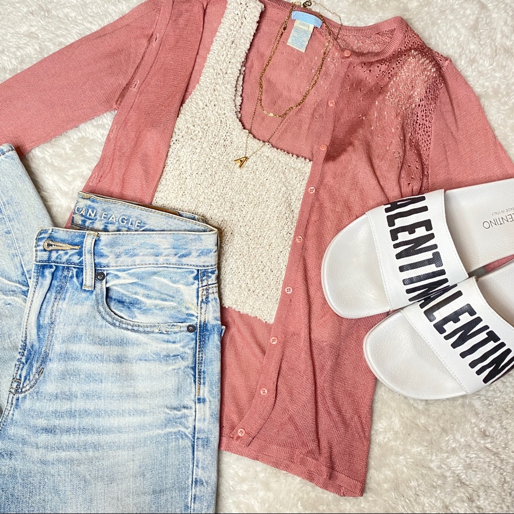 ⭐️2/$35⭐️ RARE Vintage Pink 100% Silk Thin Button Up Cardigan